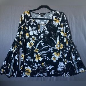 Thalia Sodi Black and Yellow Floral Blouse size large long sleeve v neck